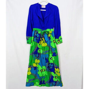 Malihini Hawaii Vintage 60s 70s sz. S Long Sleeve Floral Maxi Dress Brady Bunch